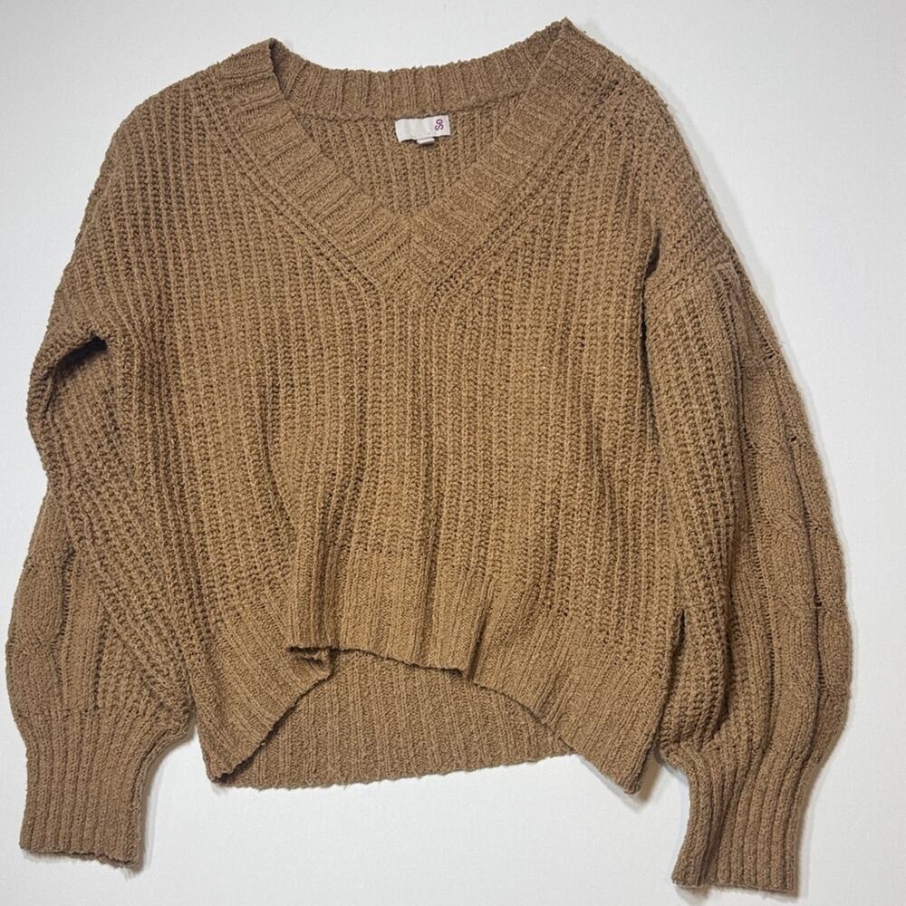 SO V-Neck Chunky Sweater in Camel Brown - Picture 1 of 4